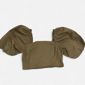 Jason Wu Smocked Puff Sleeve Crop Top Olive Green Size Medium Cotton